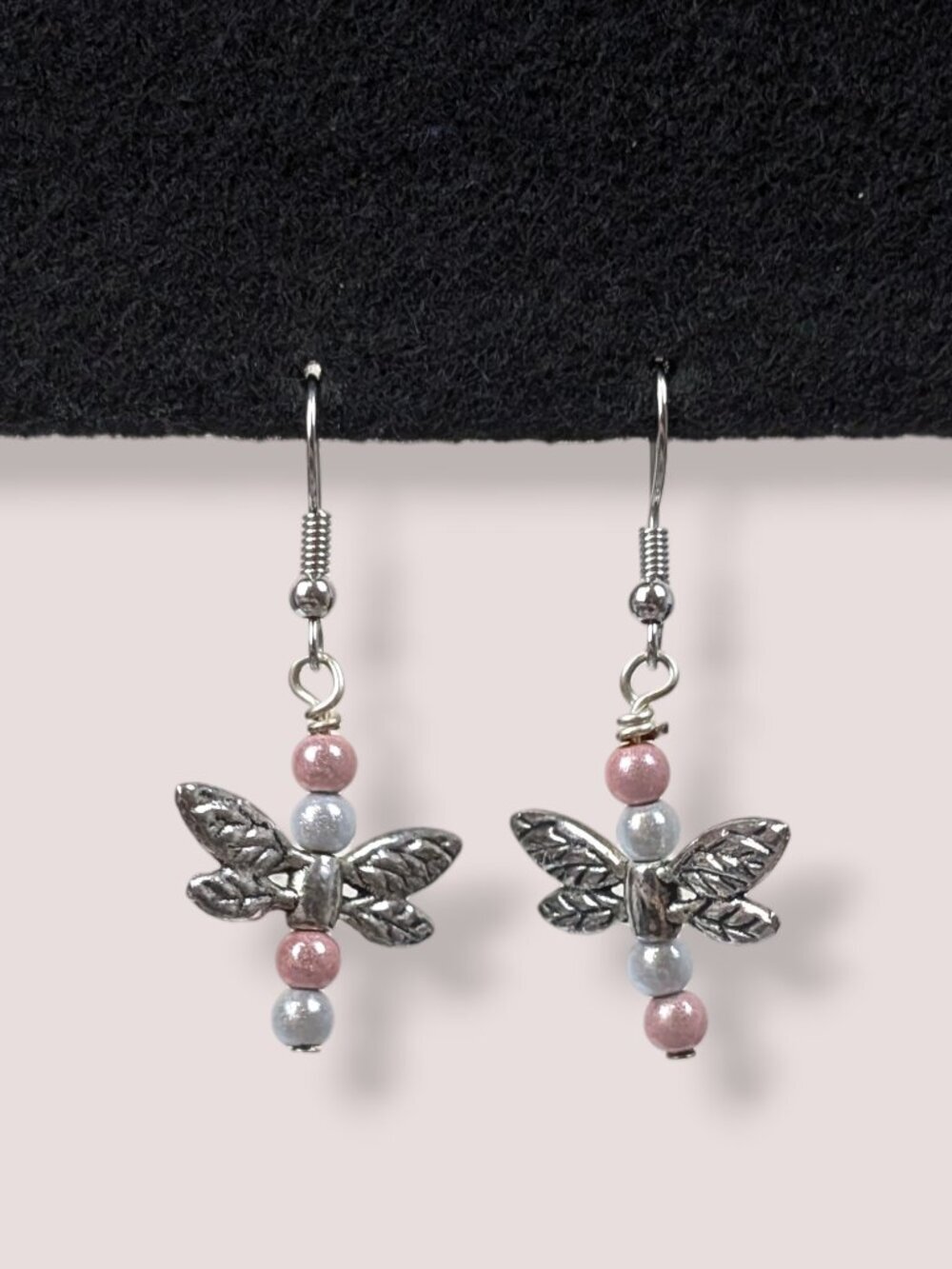 (2/$20) Pink & White Beaded Dragonfly Earrings